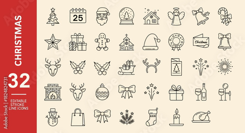 A comprehensive collection of outlined Christmas icons, perfect for festive holiday designs and winter season projects, offering versatile vector illustrations for creative projects