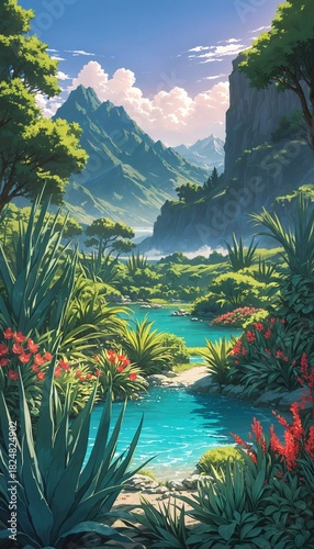 mountainous landscape with vibrant river and lush greenery