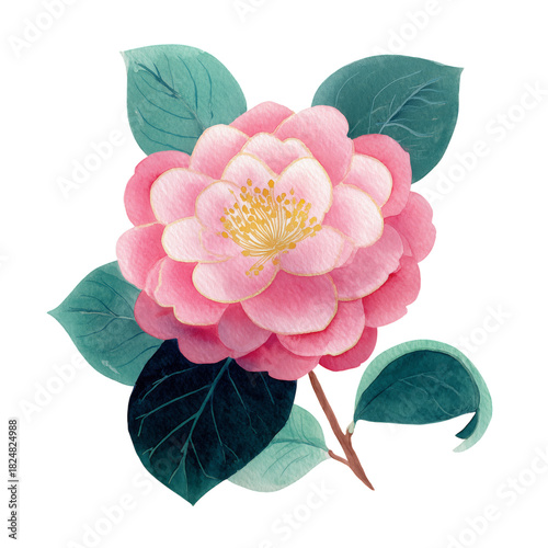Beautiful Pink Camellia Flower With Green Leaves Against a White Background