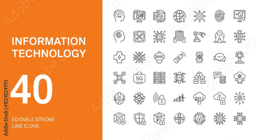 Extensive collection of 40 editable line icons representing information technology, digital communication, network infrastructure, and artificial intelligence concepts