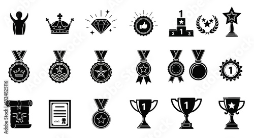 Diverse collection of black vector icons symbolizing achievement, success, and recognition. Features awards, trophies, medals, and celebratory symbols for graphic design