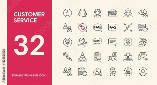 Set of 32 customer service and support line icons for digital and print applications