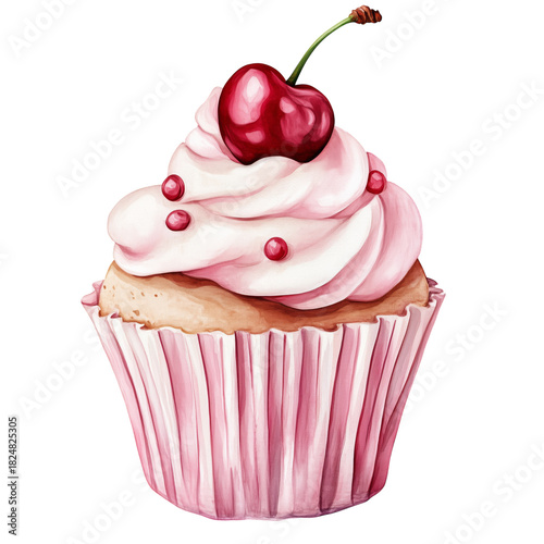 Delicious Cherry Cupcake With Pink Frosting and Candy Sprinkles
