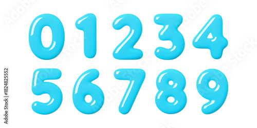 Glossy 3d blue number set in bright balloon style. Soft inflated digits with smooth shine create a playful look. Clean blue shapes and rounded 3d number forms suit kids, party and modern design
