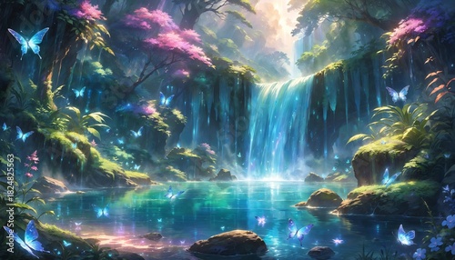 magical forest with glowing waterfall and butterflies