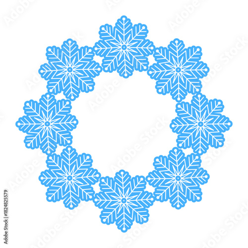 Сute snowflakes arranged in a circular frame. Winter holiday design, Christmas decoration, snowflake wreath, isolated on white background, perfect for greeting cards and prints