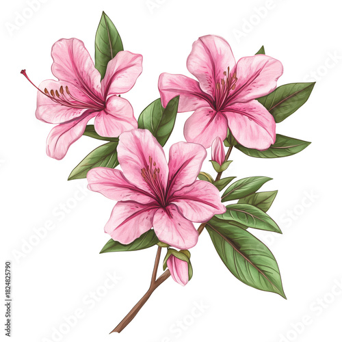 Pink Azalea Flowers in Full Bloom Showcasing Delicate Petals and Vibrant Gree...