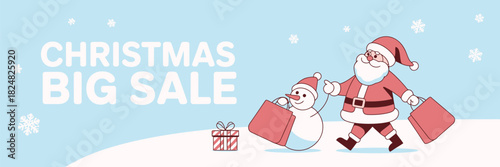 Christmas sale shopping banner featuring Santa, snowman, gifts, and snowy winter landscape, perfect for holiday promotion posters, seasonal marketing headers, online advertising visuals, and festive d