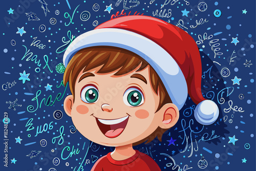 vector of A happy child wearing a Santa hat looking up on a white surface, with a dark background and plenty of space to write festive messages.