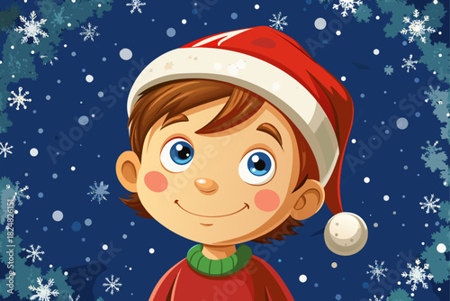 vector of A happy child wearing a Santa hat looking up on a white surface, with a dark background and plenty of space to write festive messages.