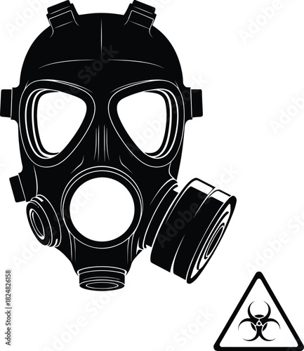 Military gas mask and a biohazard warning sign, black silhouette vector illustration symbolizing chemical danger and safety protection.