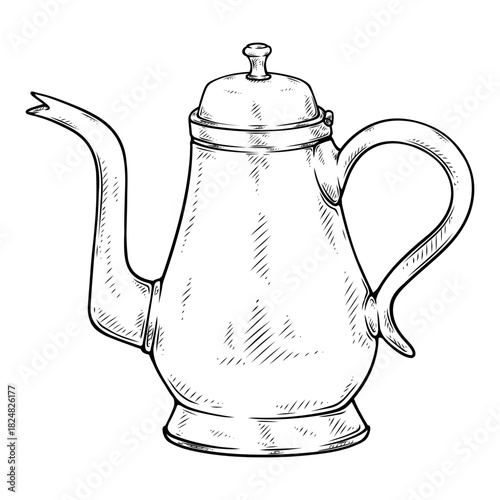 antique teapot vector with line art hand drawn illustration