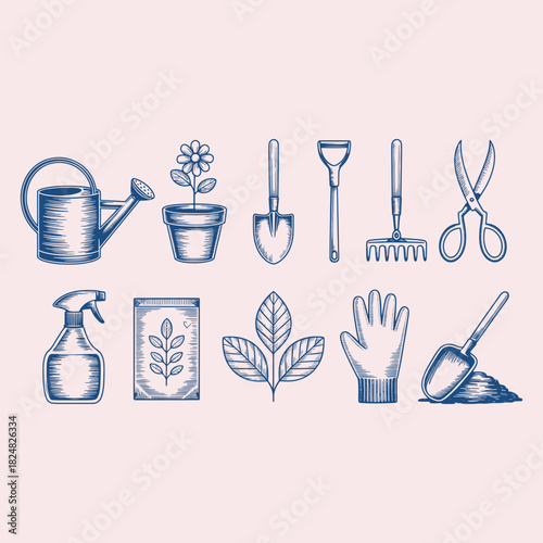 Collection of blue line art gardening tools and plants on a pale pink background watering can flower pot