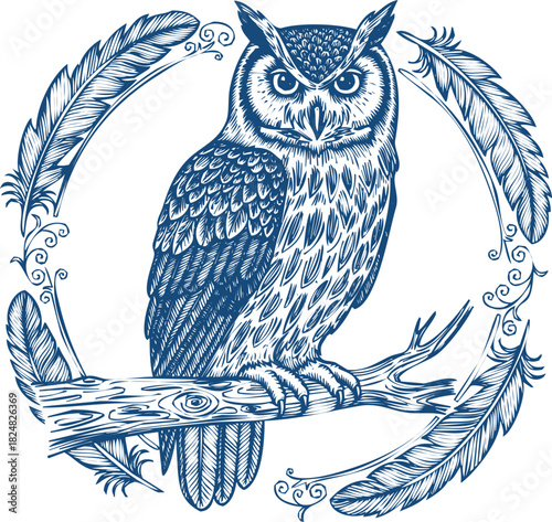 Blue Owl Perched on Branch Framed by Feathers Hand Drawn Sketch on White Background bird nocturnal