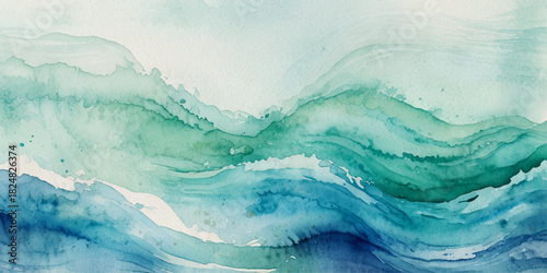 Ocean wave painted in watercolor, isolated on white background	