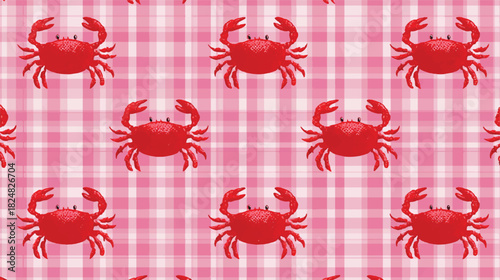 Seamless pattern design featuring stylized red crabs on pink gingham background