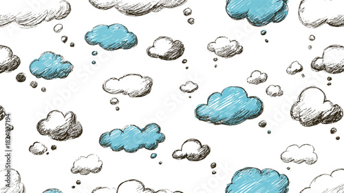 Seamless pattern of hand drawn clouds with thought bubbles background