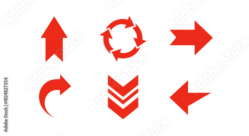 Collection of diverse red directional arrows and symbols on a white background