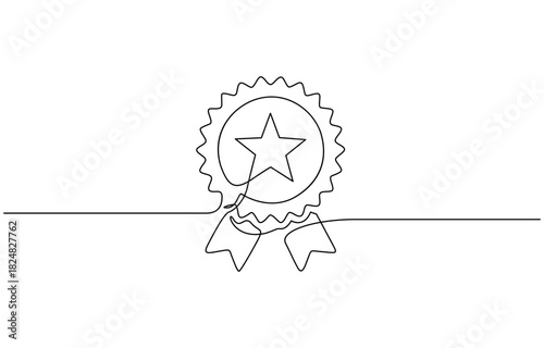 Single continuous line drawing of the best quality award badge with gold star winning medal illustration. Isolated on transparent background