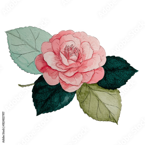 Beautiful Pink Camellia Flower With Green Leaves Against a White Background