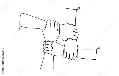 One continuous line drawing group of young male and female business people unite their hands together, Isolated on transparent background