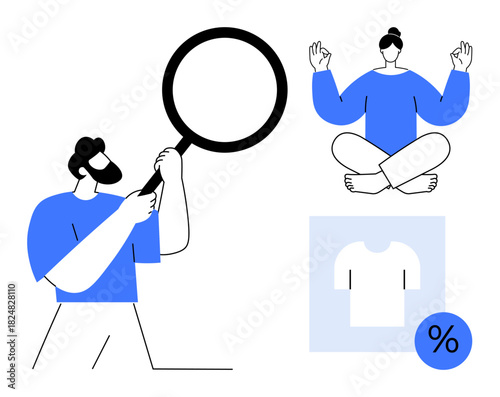 Man examining with magnifying glass, woman meditating in lotus pose, shirt with discount percent. Ideal for research, mindfulness, retail, health, analysis, fashion deals simplicity flat metaphor