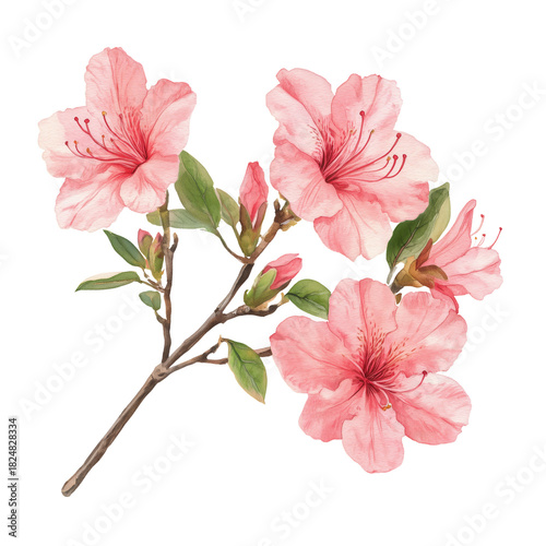 Pink Azalea Flowers With Green Leaves on a Branch Showcase Natural Beauty and...