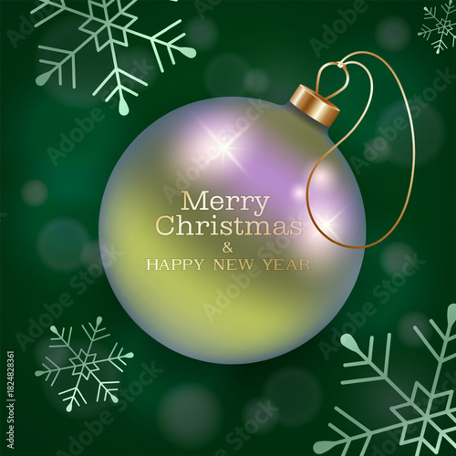 A square holiday card with a rainbow Christmas tree ball,