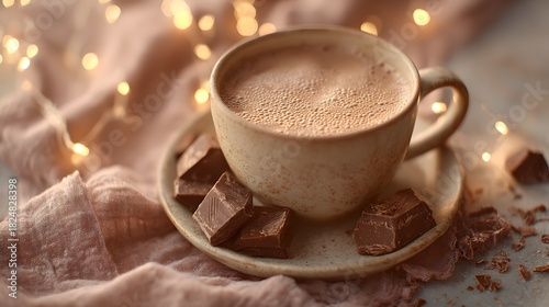White coffee cup with a chocolate bar on top of it. The cup is placed on a table with a pink cloth