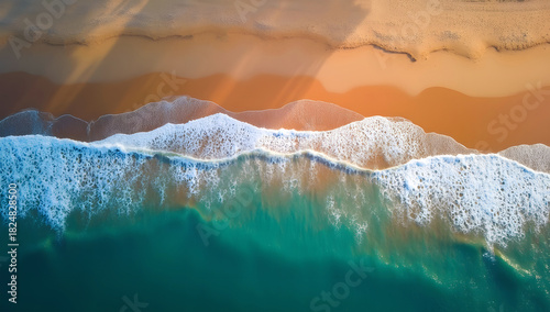 Fototapeta Naklejka Na Ścianę i Meble -  Aerial top view of golden sandy beach with turquoise sea waves at sunset.