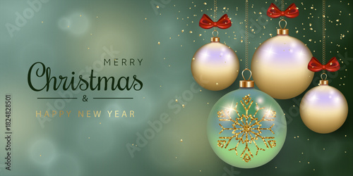 New Year's banner with Christmas tree baubles and confetti