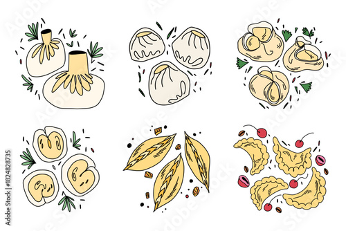 A large set of dumplings of various shapes and sizes, menu compositions on a white background