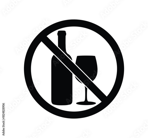 A black and white circular prohibition sign with a diagonal line crossing over a silhouette of a wine bottle and a wine glass.