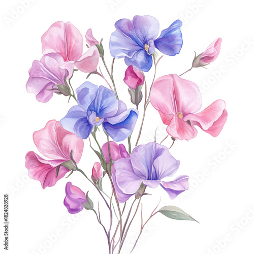 Beautiful Sweet Peas in Shades of Pink and Purple Arranged Gracefully on a Wh...