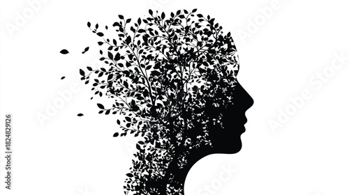 Silhouette of woman with tree branches and leaves representing nature connection