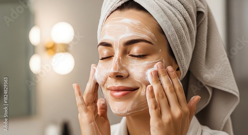 Woman applying facial mask with towel on head in bathroom with lights
