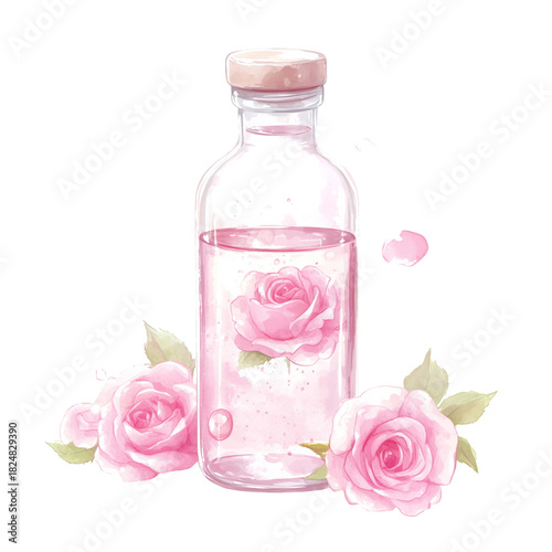Pink Roses in Glass Bottle With Floating Petals on White Background