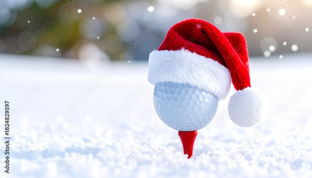 Fototapeta premium golf ball on snow in winter wearing a Santa hat