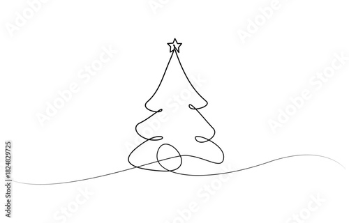 Hand drawn christmas tree in minimalistic design. Continuous one line drawing Christmas tree. isolated on transparent background