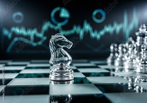 Silver Chess Knight on Board with Financial Graph Background.