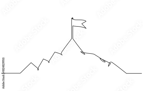 Mountain range continuous one line drawn. Mountain with flag linear concept. Isolated on transparent background