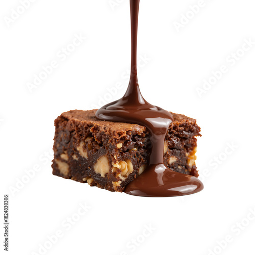 Delicious Chocolate Brownie With Melting Chocolate Drizzle and Walnuts on a W...