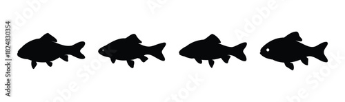 Four black fish silhouettes swimming, simple minimal marine icon