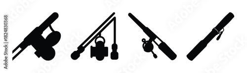 Fishing rods and gear, various angling equipment silhouettes.