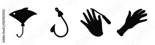 Fishing, tools, and protective glove icons set on white