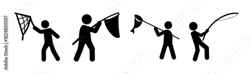 Stick figures engaged in catching and fishing activities