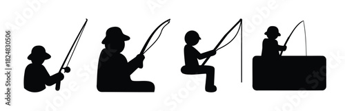 Fishing hobby silhouettes: anglers with rods, various poses