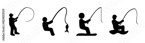 Fisherman silhouettes set, various poses with fishing rod