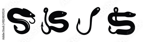 Stylized eel and fishing hook symbols, marine bait concept