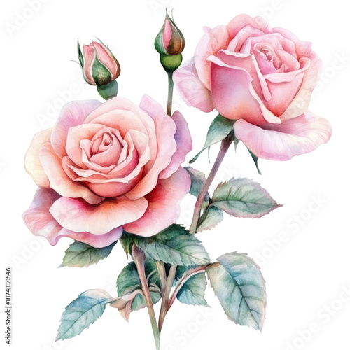 Beautiful Pink Roses With Buds and Green Leaves Captured in Soft Watercolor S...